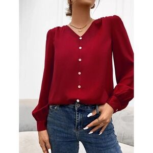 LOFT Ruffle Cuff‎ V-Neck Blouse Red Long Sleeve Button Down - Size S